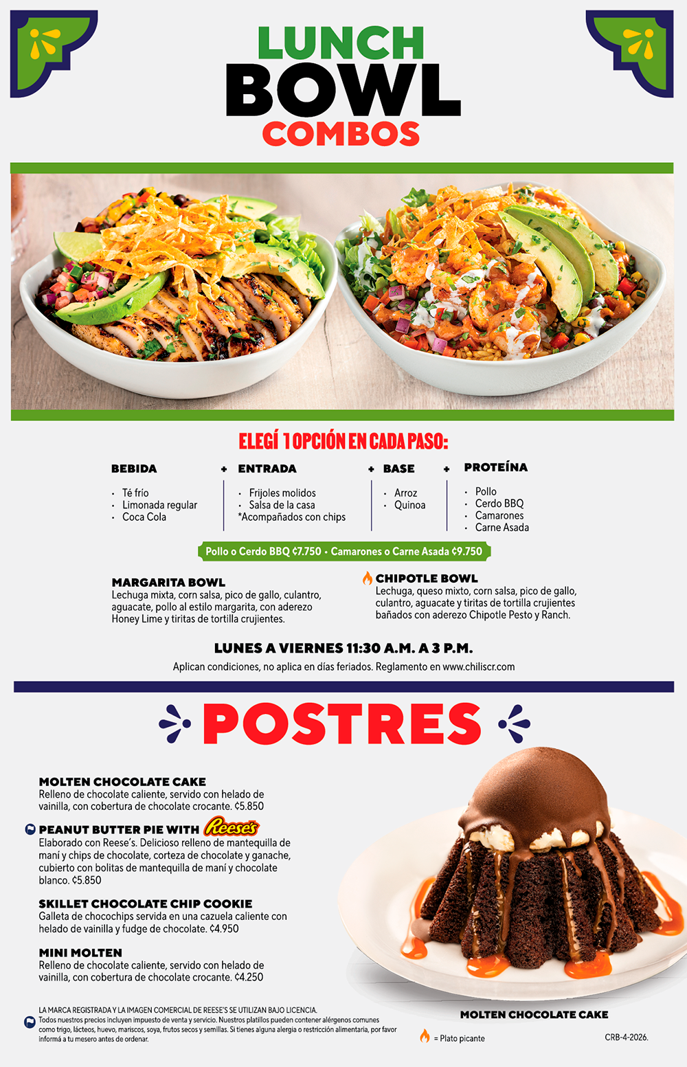 Menú Chili's Costa Rica: Lunch Bowl Combos, Postres