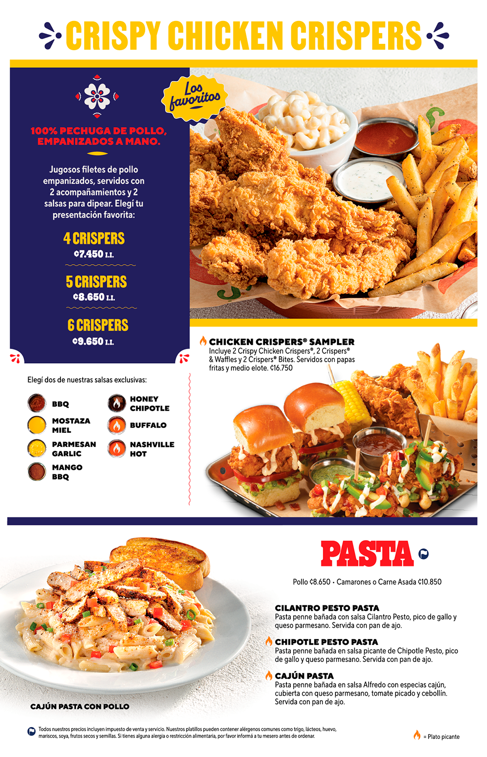 Menú Chili's Costa Rica: Chicken Crispers, Pasta
