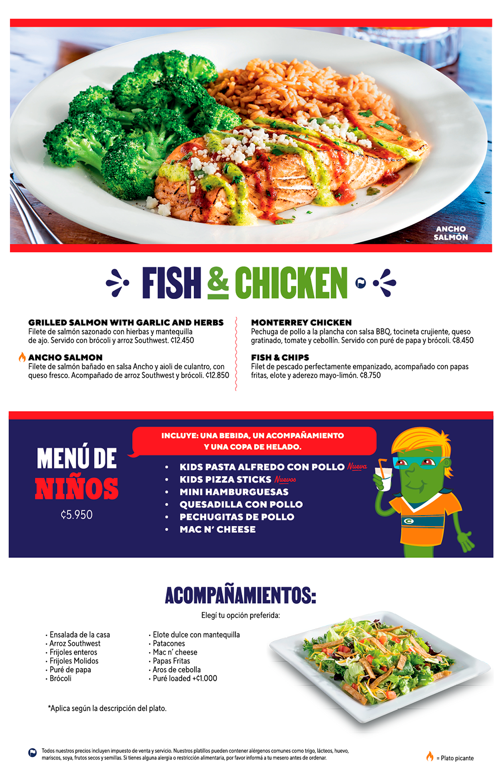 Menú Chili's Costa Rica: Acompañamientos, Fish & Chicken, Menú de Niños